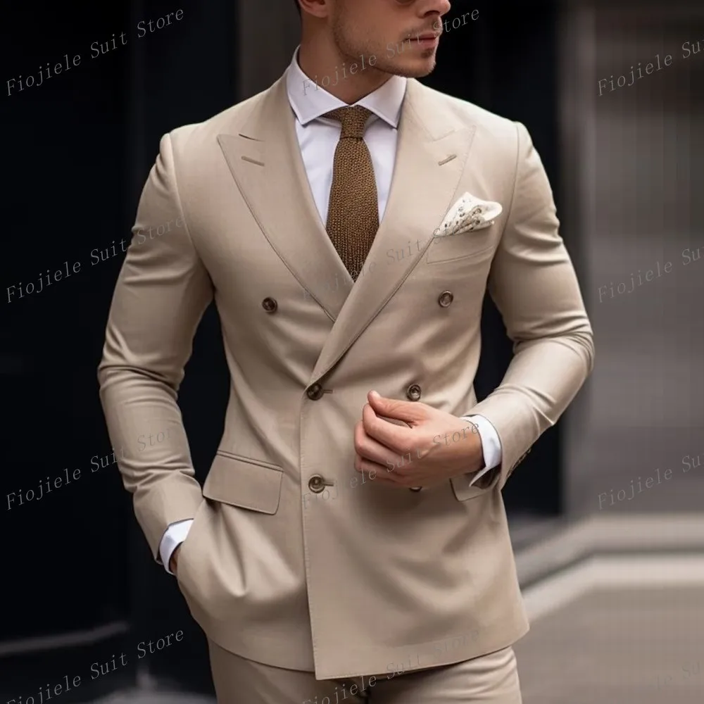 New Beige Business Suit Men Tuxedos Groom Groomsman Formal Prom Wedding Party 2 Piece Set Jacket And Pants