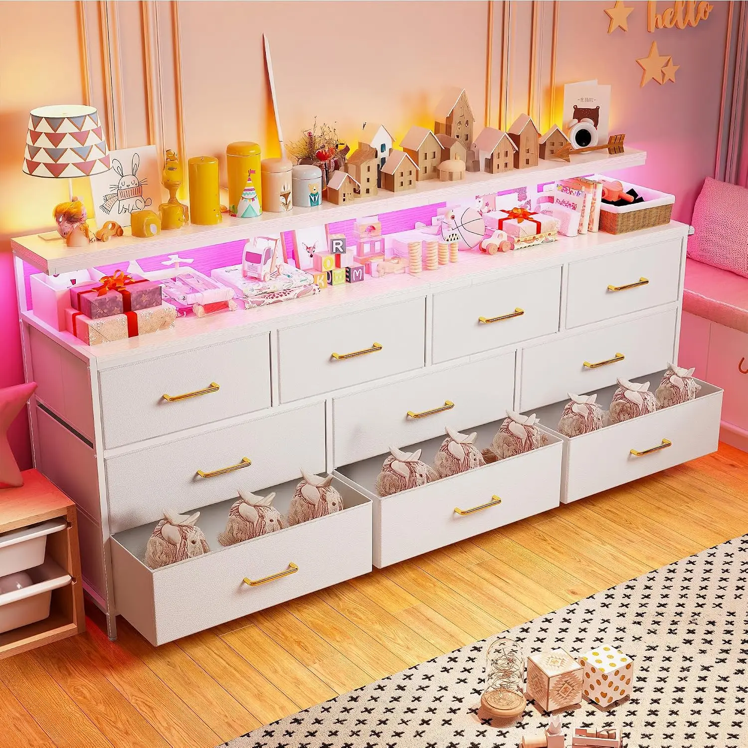 White Dresser with 10 Drawers, LED Lights & Power Outlets, Bedroom Storage Furniture, 55