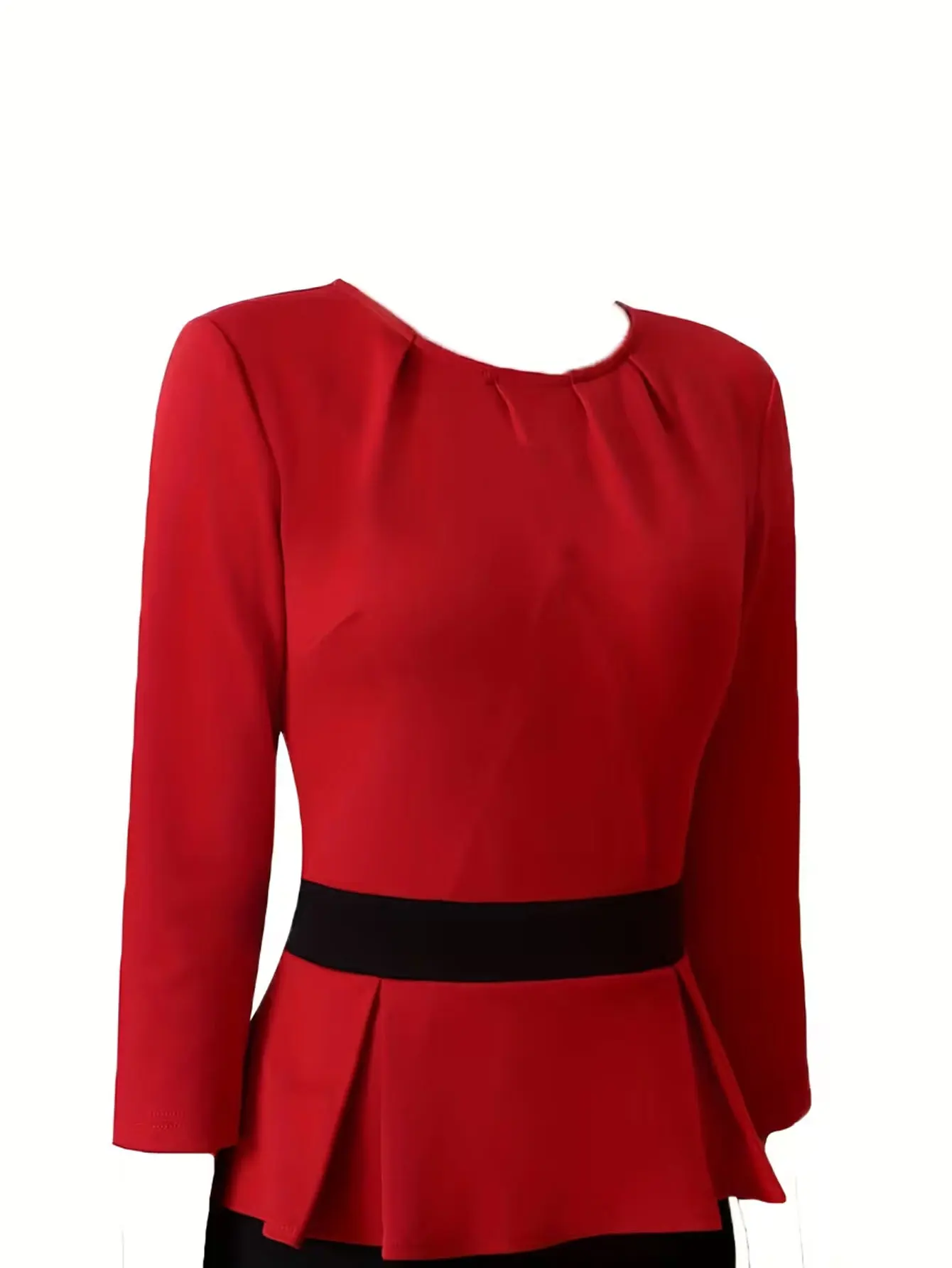 Elegantes Damenkleid mit 3/4-Ärmeln, Rundhalsausschnitt, Farbblockdesign, Knielang, für Cocktailpartys, Arbeit und Business, mit Plissiertem Taillenband und Schlanker Bleistiftsilhouette – Detail 7