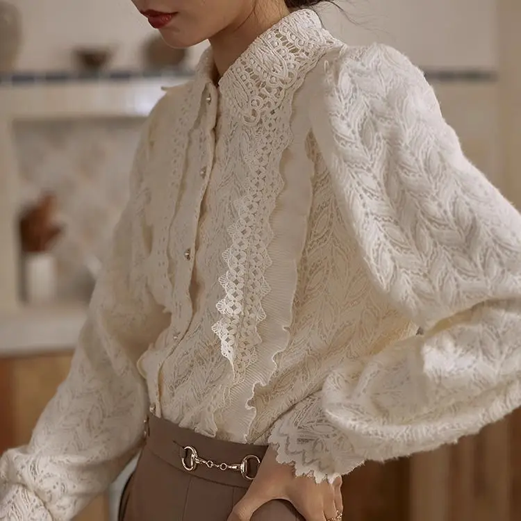 

Women Solid Shirt Lace Cut Out Tops Long Sleeves Turn Down Collar Single Breasted Slim Office Lady Elegant Casual 2026 Spring