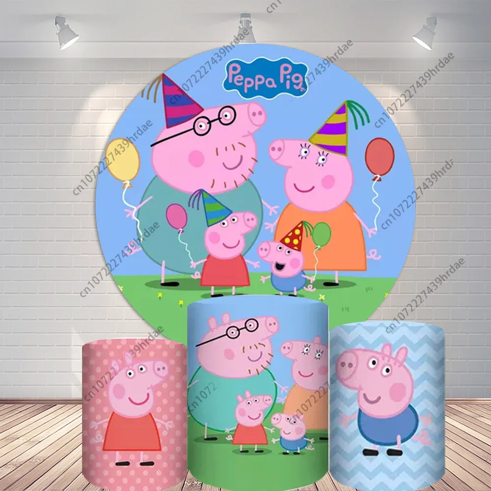 페파 돼지 가족 배경 라운드 커버, 소년 소녀 생일 파티 배경 장식, 축하 베이비 샤워 실린더 배너
