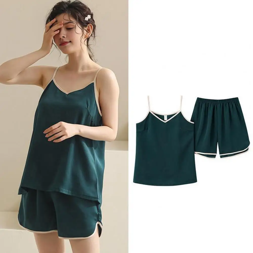 Женский пижамный комплект, пижамные футболки, шорты, розовая футболка с круглым вырезом и принтом в форме сердца, топ из ледяного шелка, удобный повседневный летний комплект ﻿