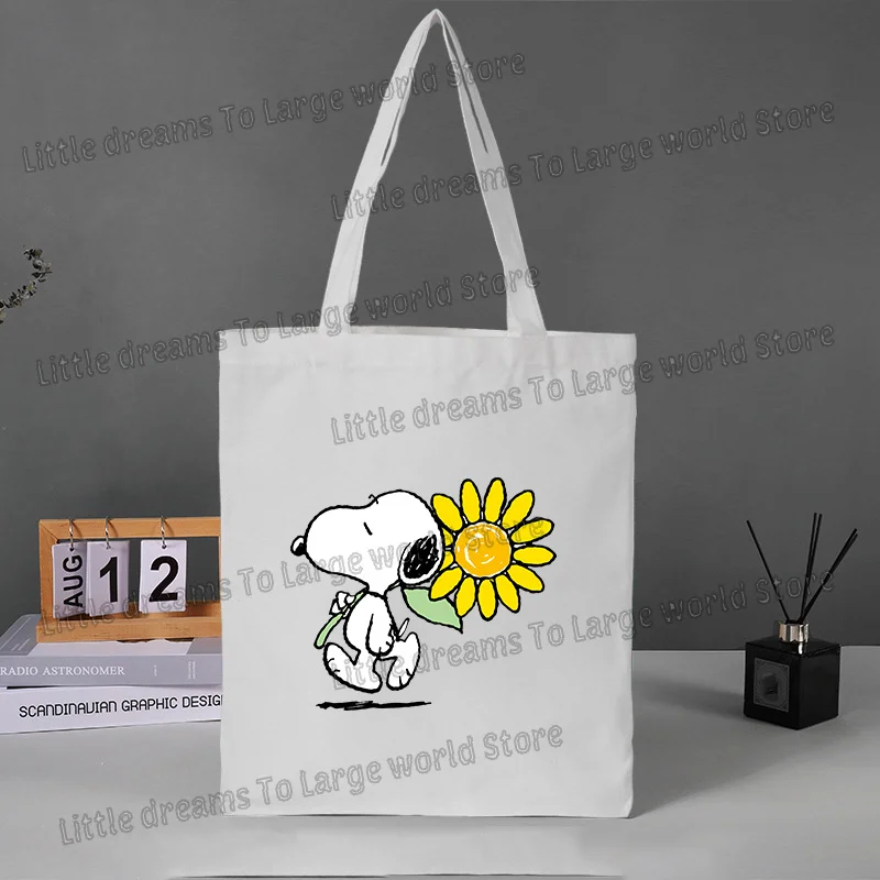 กระเป๋าผ้าแคนวาสลายสนูปปี้ พิมพ์ลายอนิเมะ ใช้ซ้ำได้ พับเก็บได้ กระเป๋าถือสำหรับผู้หญิง ซักได้ กระเป๋าใส่ของชำแบบพกพา เป็นมิตรกับสิ่งแวดล้อม