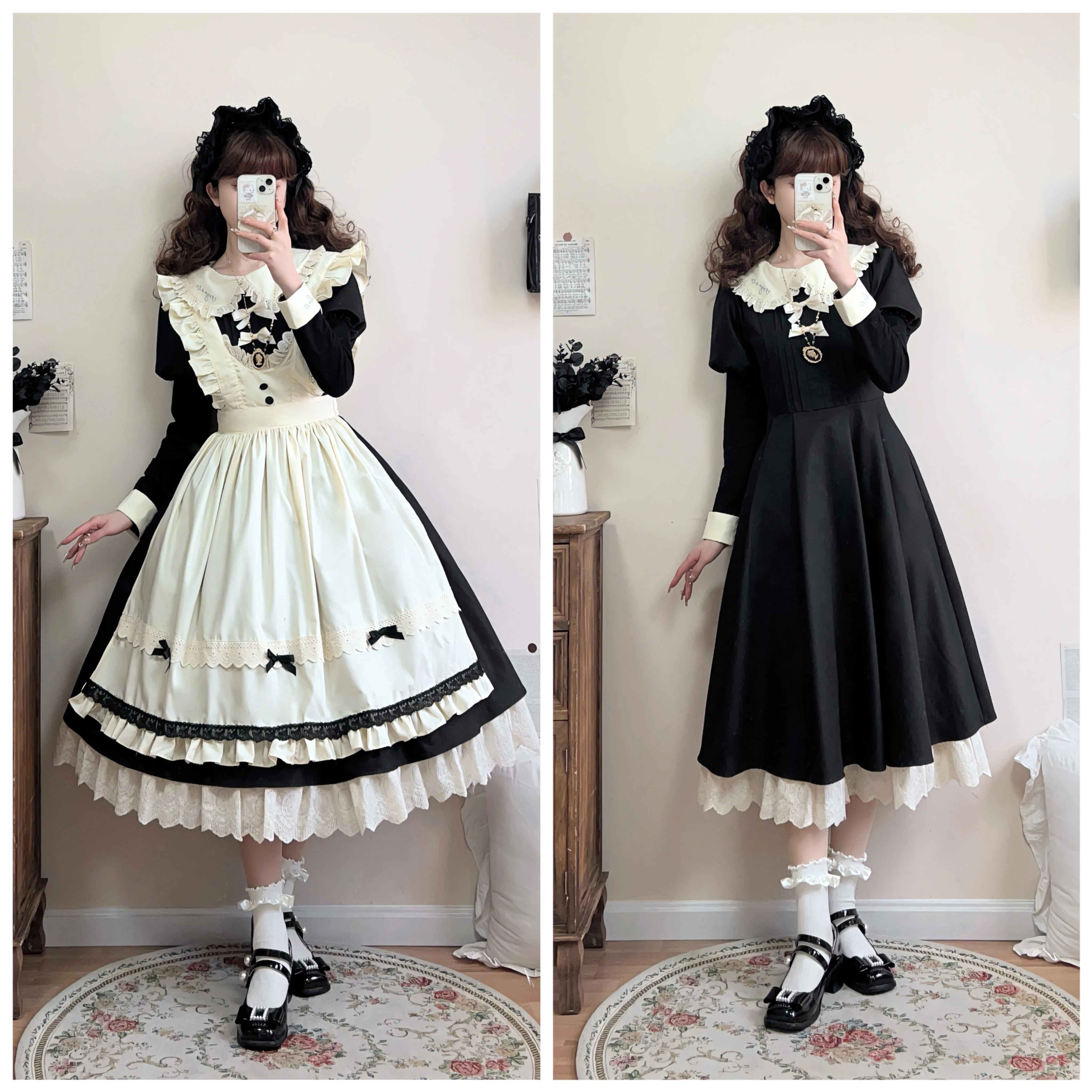 Lolita Long Dress Maid Costume Women's High Waist Slim Fit Bow Ruffle Edge Long Sleeve Dress and Apron Set Two-piece Set Autumn