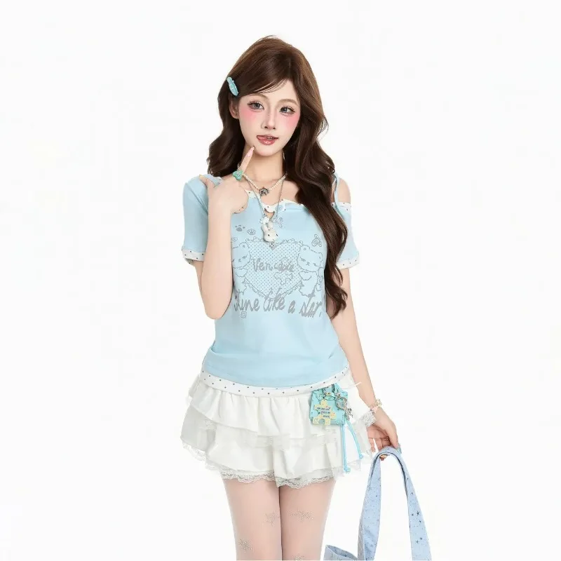 Cute Women Bear Print Polka Dot Fake Two Piece One Shoulder Tie Short Sleeve T-shirt Slim Cropped Top