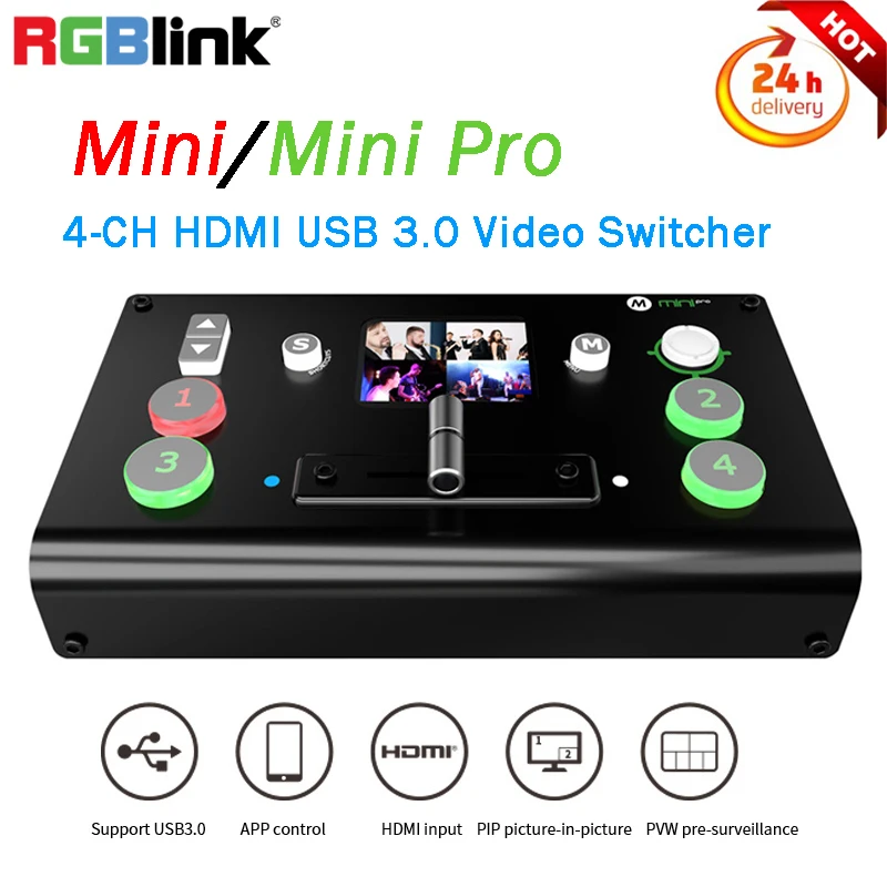 RGBlink-Mini Pro Video Switcher, 4 canais, PC APP Control, Comutador compatível com HDMI com T-Bar para transmissão ao vivo