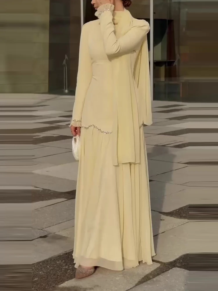 

Casual Solid Flowing Chiffon Maxi Dresses Elegant O-neck Ribbon Slim Evening Dress Temperament Lady Long Sleeve Commute Dresses