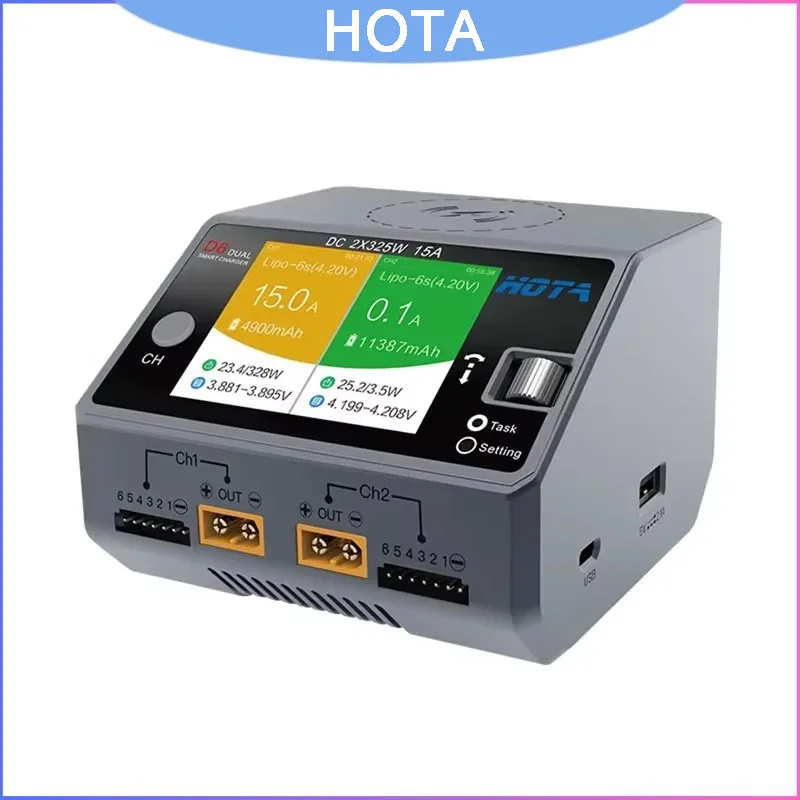 

HOTA D6 DC 650W 2x15A Smart Balance Charger, 1600mA Balancer DC Input 6.5-30V for 1-6S LiPo FPV Racing Drone Battery