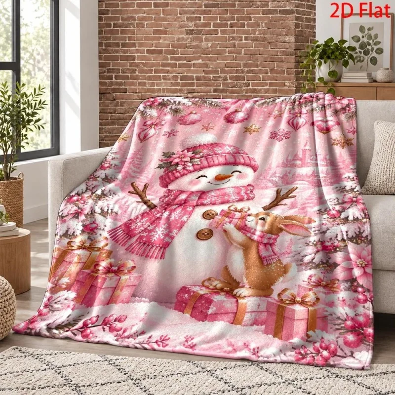 Pink Snowman Rabbit Christmas Print Flannel Blanket, Winter Snow Scene Pattern Cozy Throw Blanket for Sofa Bedroom