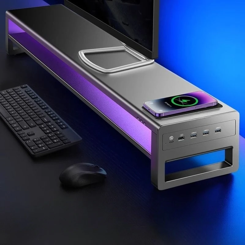 

Metal computer heightening frame, monitor bracket, office desktop storage base, USB wireless charging.