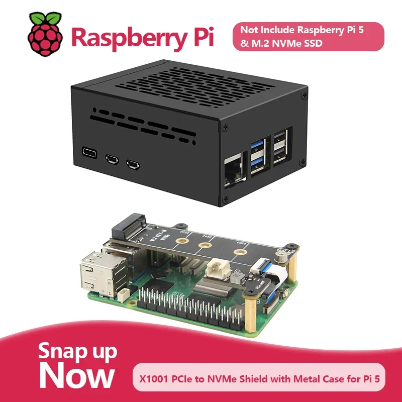 VivaGeekworm X1001 PCIe To NVMe Shield With Metal Case For Raspberry Pi 5