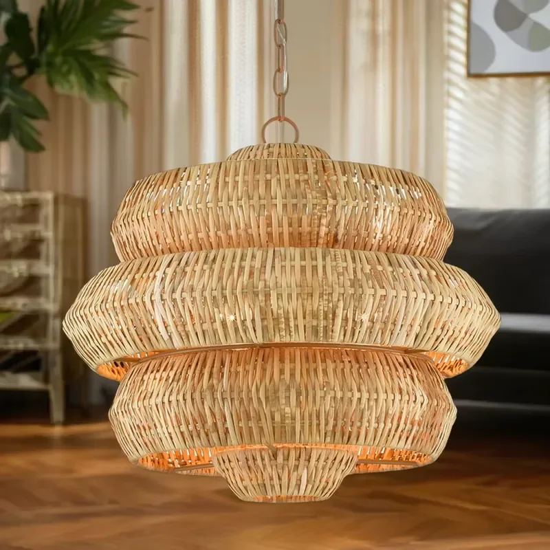 Modern Handmade Bamboo Rattan Chandelier Natural Pendant Light for Large Courtyard Garden Stairwell Coastal Decor