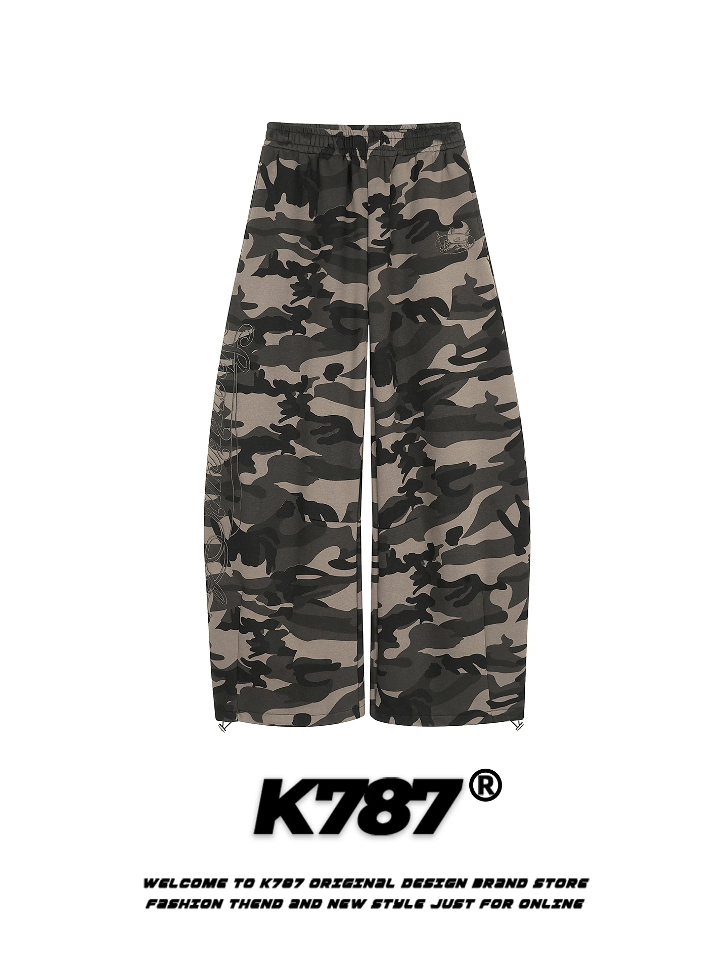 

K787 American Retro Embroidered Loose High Waist Wide Leg Pants Men Women Casual Street Style Camouflage Trousers