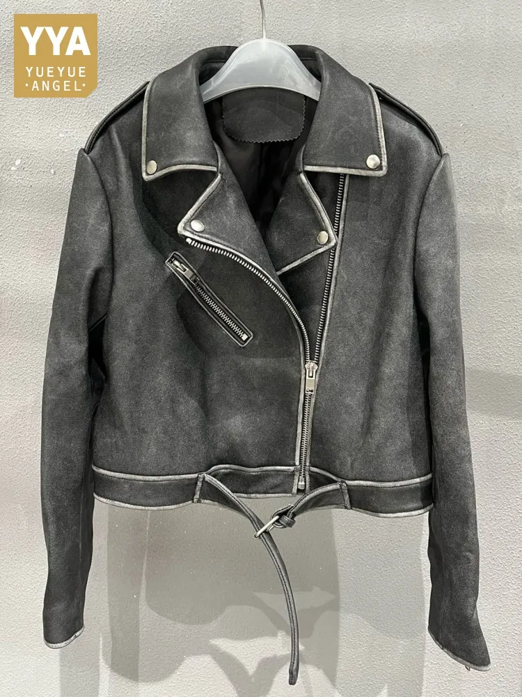 Giacca in vera pelle fatta a mano con risvolto stile casual, telai con cerniera ampia, maniche lunghe, capispalla da motociclista in pelle di pecora da donna