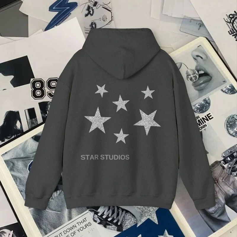 Y2K Hoodies Women Harajuku Hip Hop Letter Star Graphic Printed Loose Sweatshirt Punk Rock Gothic Clothes Top Streetwear EMO Girl