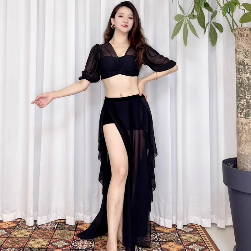 Customized Swegal Belly Dance Costume Mesh Lantern Sleeve Top Lace Double Slit Long Skirt Novice Cheap Indian Clothes Women Suit