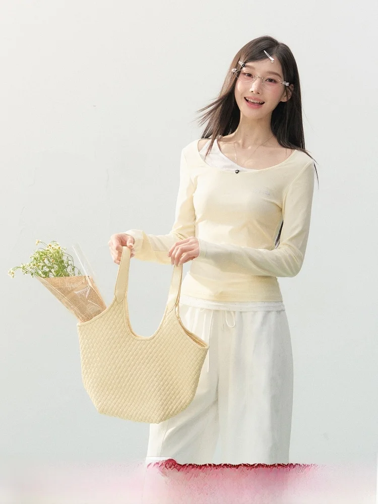 

ELEVEN SP Spring New Drill Detail Slim Fit Long Sve Women's Top Casual Sle Stand Fit Pure Color Knitted High Waist