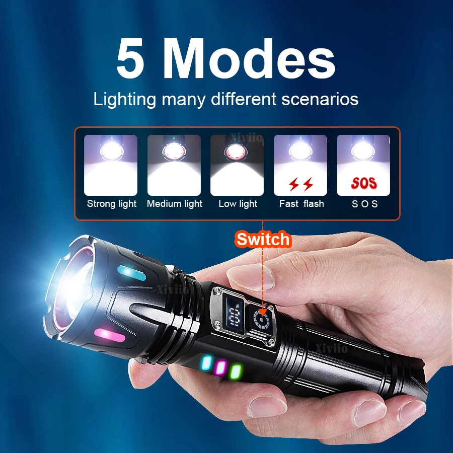 2026 HighPower LED Flashlight 9800000LM Strong Light Tactical Torch Rechargeable Portable Lamp Outdoor Emergency Camping Lantern