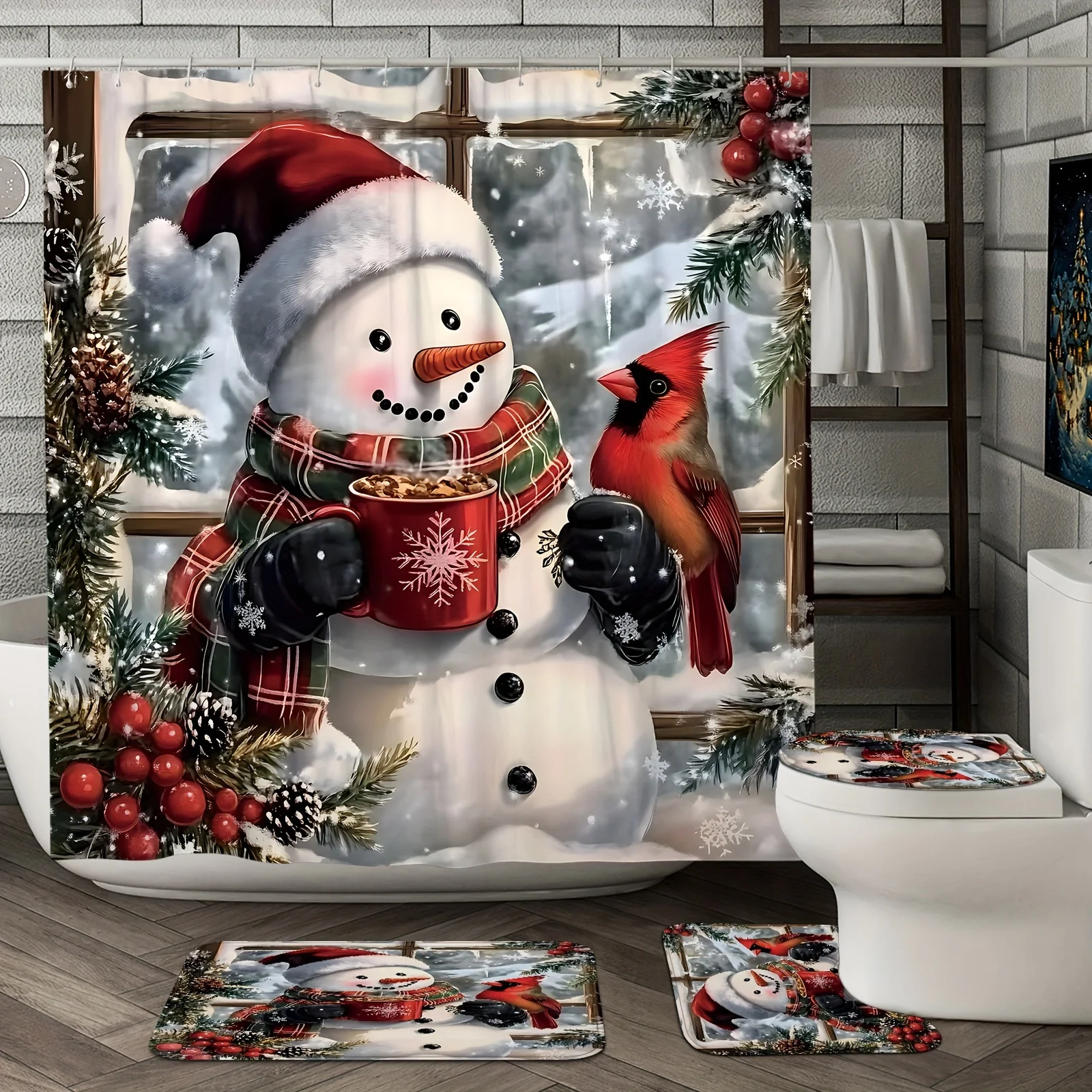4Pcs Xmas Winter Snowman Cardinal Holly Bath Set, Red Green Shower Curtain & Mat, 12 Hooks, Non-Slip Mat, U-Shaped Toilet Cover