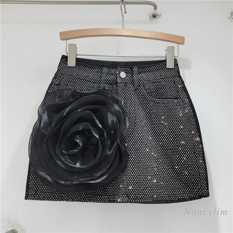 Large Three-Dimensional Flower Heavy Embroidery Hot Drilling Denim Skirt for 2024 New High Waist Sexy A- Line Skirts