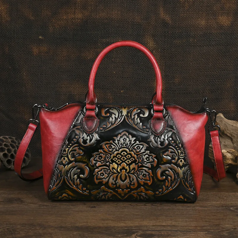 

3D Floral Ladies Leather Handbag Vintage Woman Tote Bag Fashionable Female Shoulder or Crossbody Bags