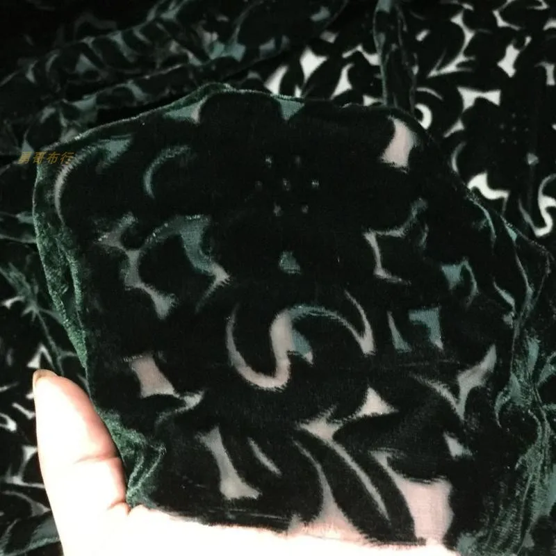 Dark Green Silk Etched-out Velvet Fabric Silk Bottom Cotton Velvet Slightly Transparent Soft Dress Cheongsam Formal Dress Fabric