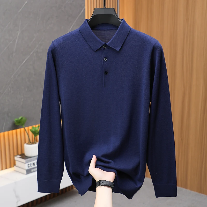 High Grade 100% Superfine Wool Polos Men Spring Autumn Classic Turn Down Knitwear Long Sleeve Worsted Wool Thin Tops Pullovers
