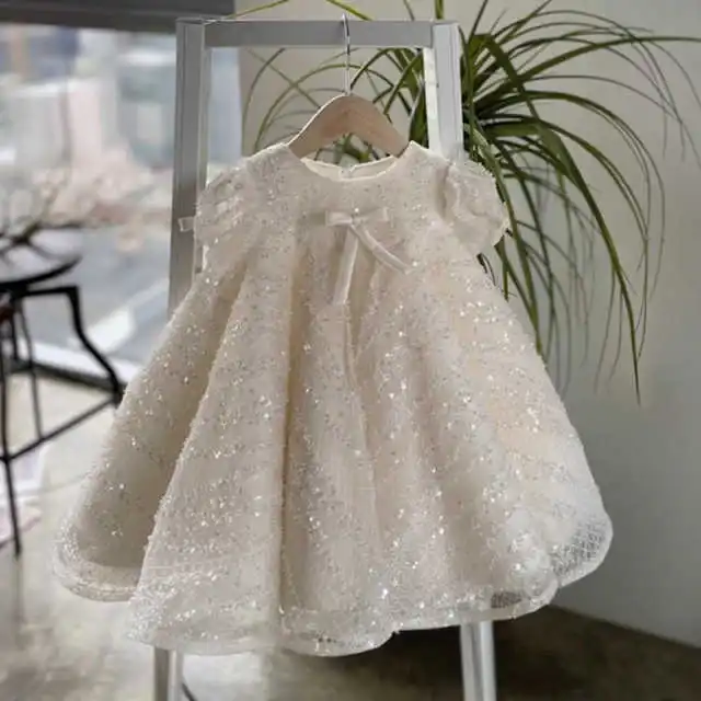 Exquisite Sequin Lace Flower Girl Dress Puff Short Sleeve Satin Bow Loose A‑Line Kids Baptism Wedding Party Gown Customized