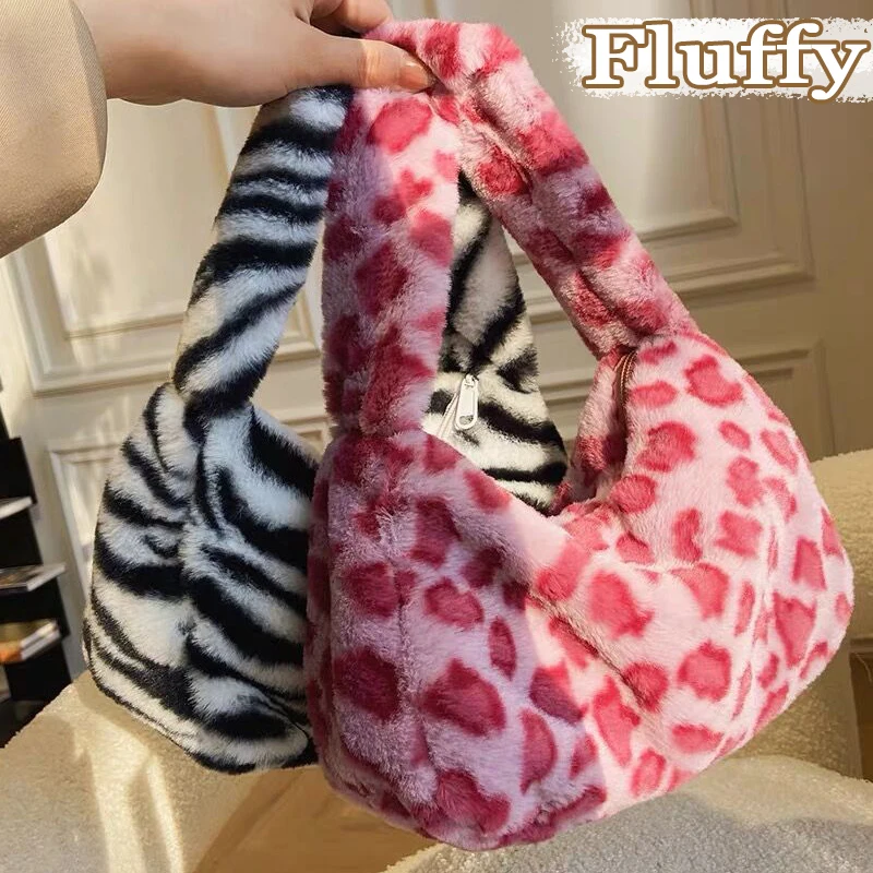 Fluffy Plush Cow Print Handbags Women Soft Zebra Pattern Travel Shoulder Bag Female Winter Warm Designer Small Purses Underarm