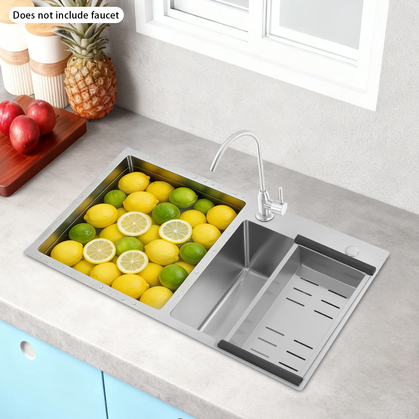 Évier de cuisine encastrable double cuve en acier inoxydable argenté avec panier de vidange, drainage efficace, anti-condensation, facile à nettoyer