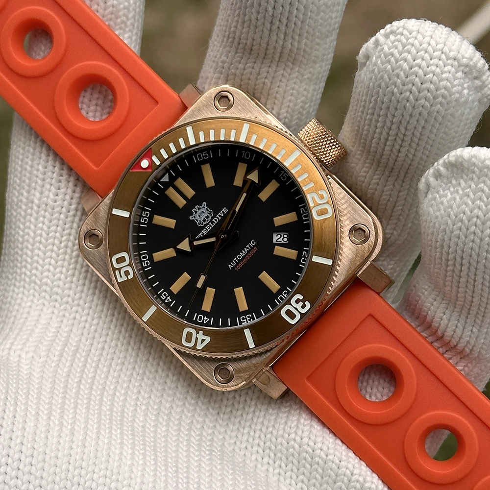 

Мужские дайверские часы STEELDIVE, 45 мм, военные квадратные автоматические механические наручные часы, бронза, 100 бар, водонепроницаемые, светящийся сапфир, NH35