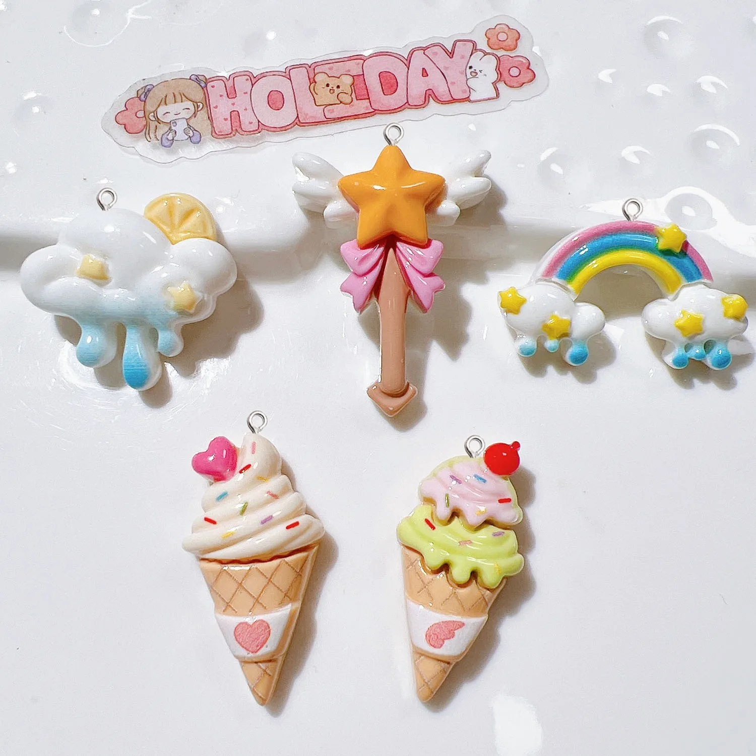 10Pcs Cute Ice Cream Rainbow Star Resin Pendants with Eye Pin for DIY Jewelry Making Handmade Earrings Necklace Keychain Decor
