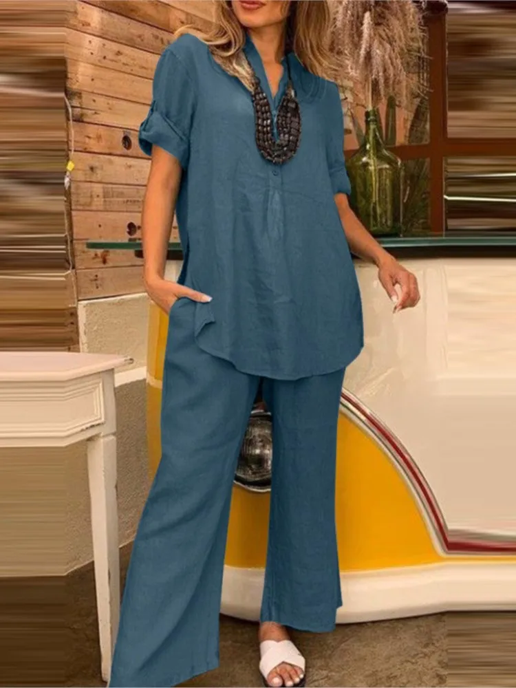 Women's Summer Solid Color Short Sleeved Sexy V-neck Top Straight Leg Wide Leg Pants Casual Elegant Loose Clothing Pants Set