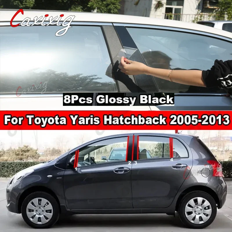 8x okno samochodu kolumna drzwi BC nakładki wykończenie dla Toyota Vitz Yaris XP90 Hatchback 2005-2013Carbon czarny naklejka na komputer