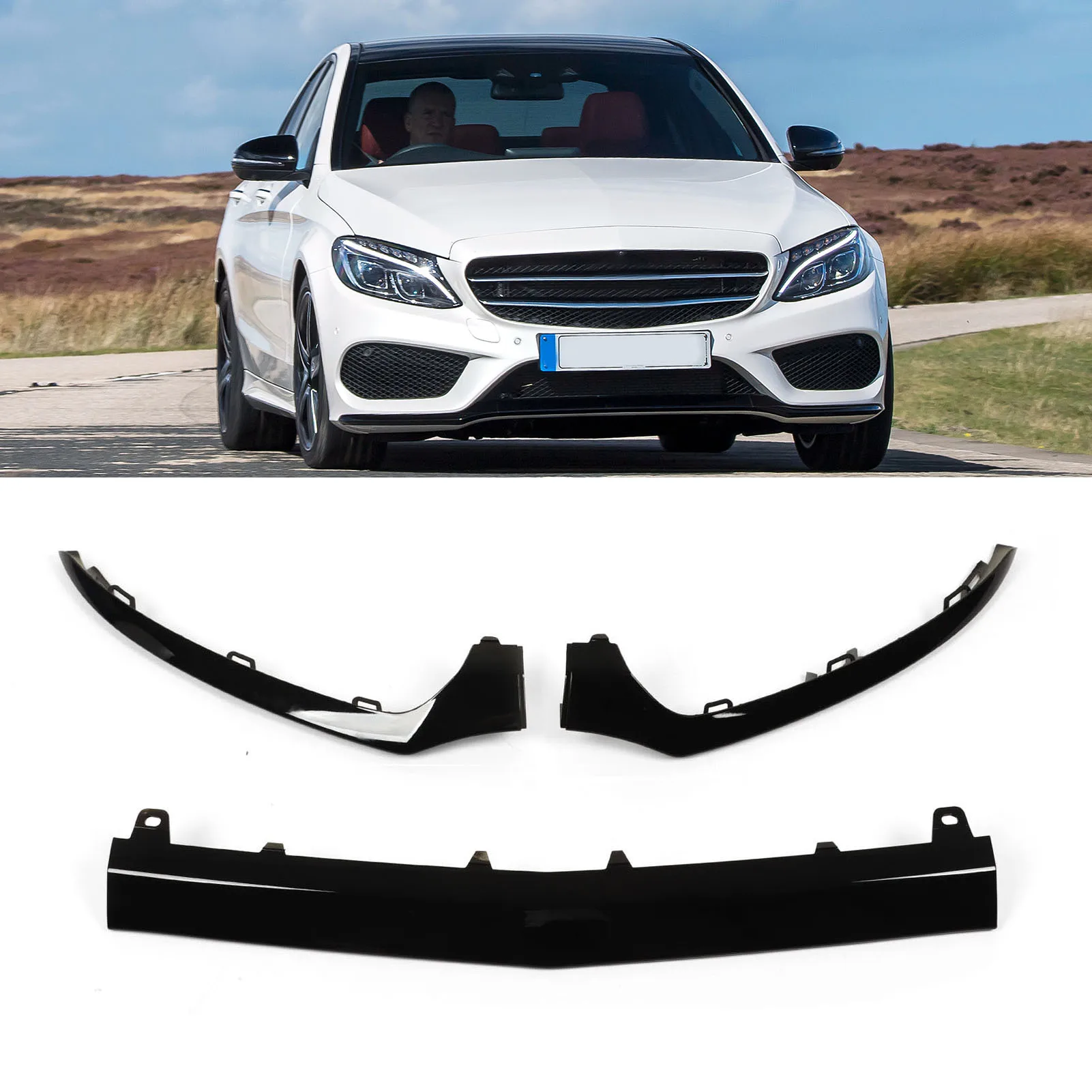 Gloss Black Front Bumper Lower Trims Replacement for Mercedes‑ C‑Class W205 C205 A205 Car Front Bumper Lower Trims