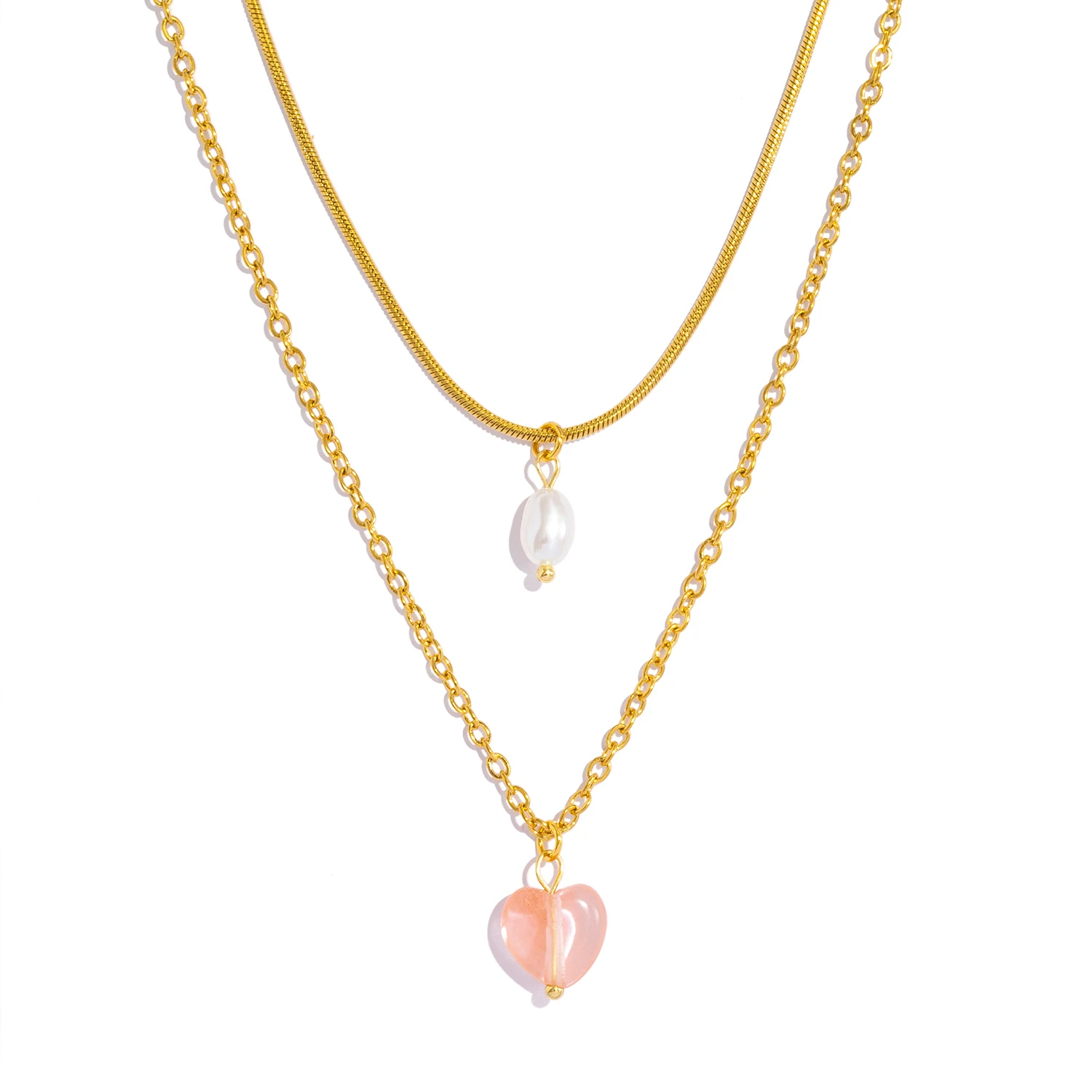 Natürliche Perlenkette, doppellagiger, stapelbarer, vergoldeter Edelstahl, hypoallergener, eleganter Schmuck für Frauen