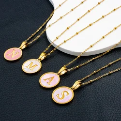 New Round Stainless Steel Gold Plated Pink Shell 26 Letter Alphabet Pendant Link Chain Necklace Jewelry for Women Party Gift