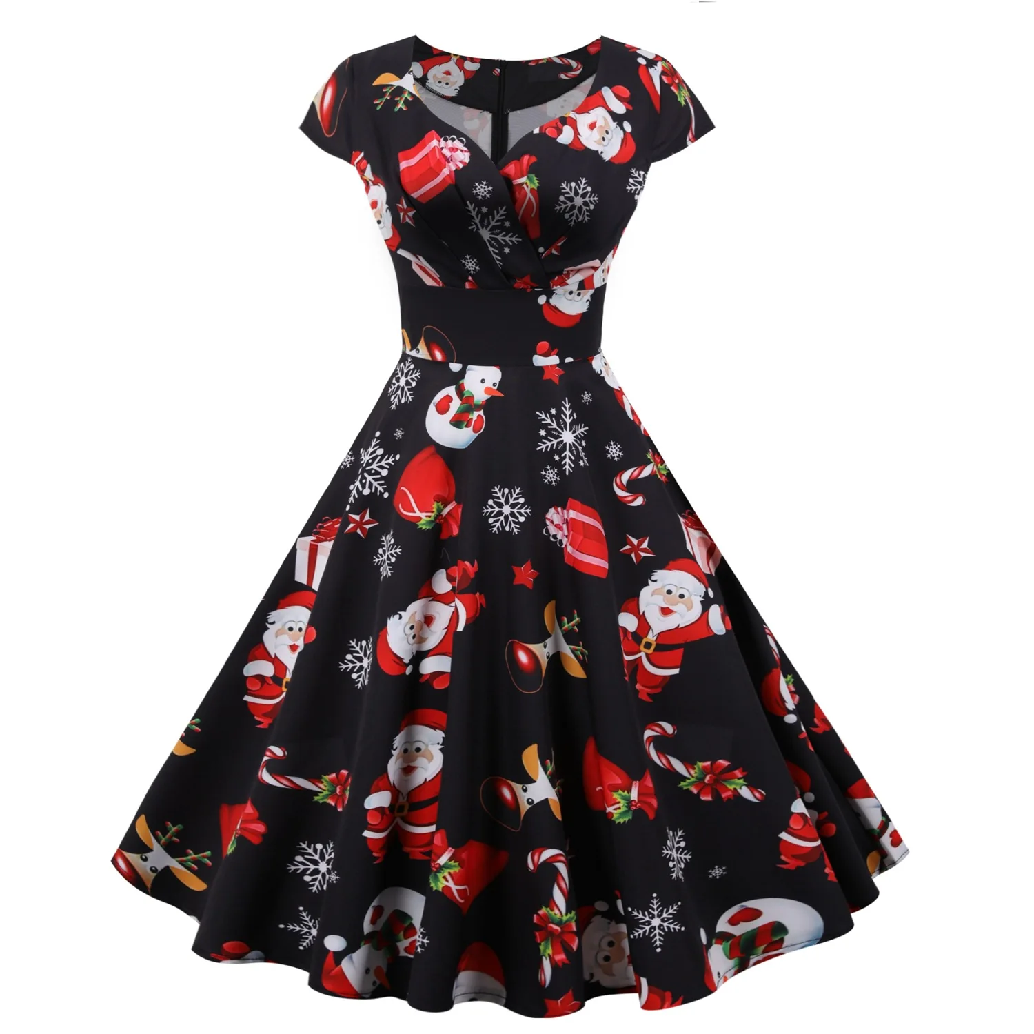 

Christmas Festival Dress Up Party Dresses Women Fashion Print Folds V-neck A-line Dress Lady Vintage Commuting Vestidos 2024 New