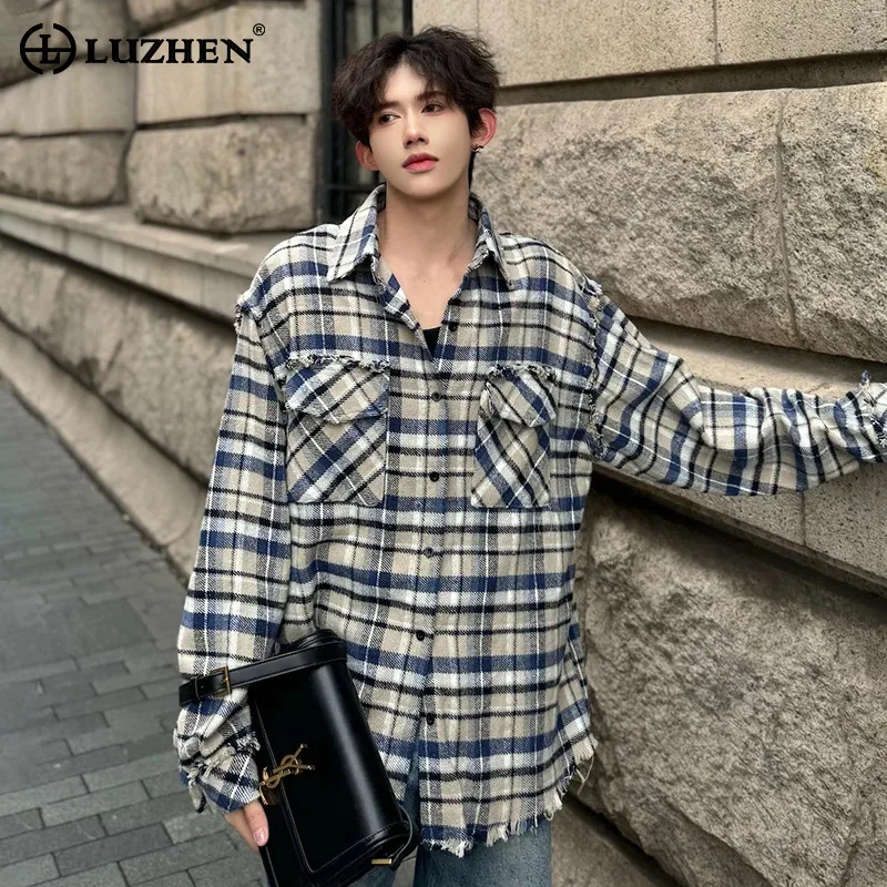 

LUZHEN Autumn Wornout Male Long Sleeved Plaid Pattern Shirts Stylish 2024 Vintage Men Fashion Burr Design Classy Tops LZ5903