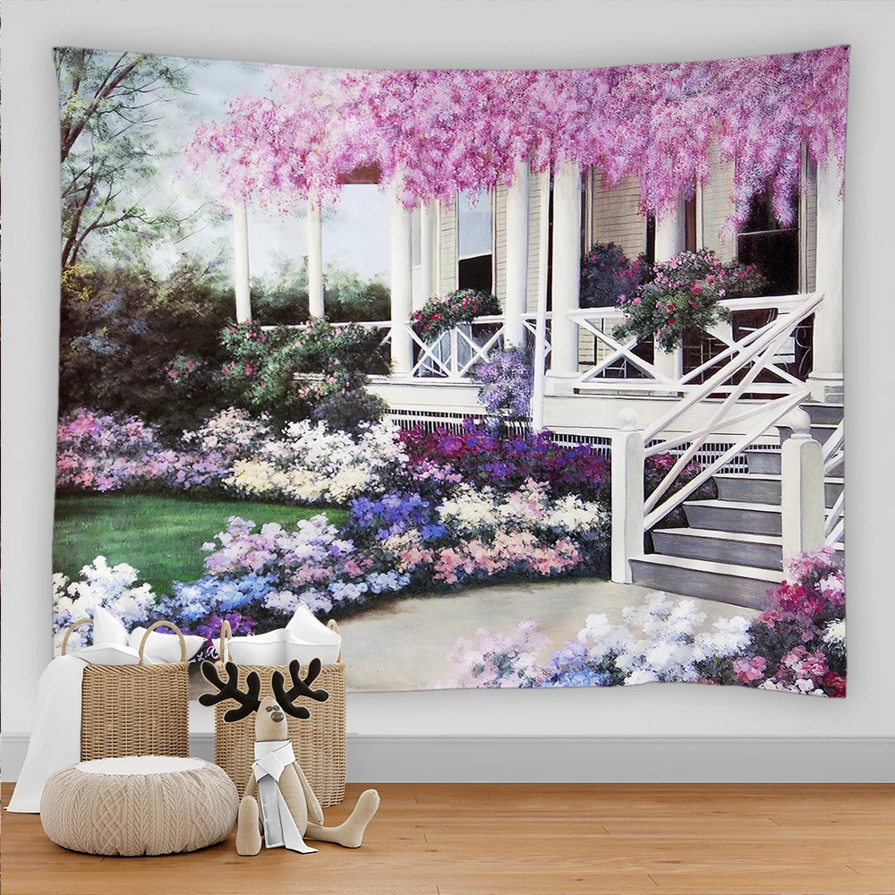 Retro Color Oil Painting Tapestry Flower Rural Garden Scenery Printing Wall Hanging Art Tapestries Dorm Home Bedroom Decor