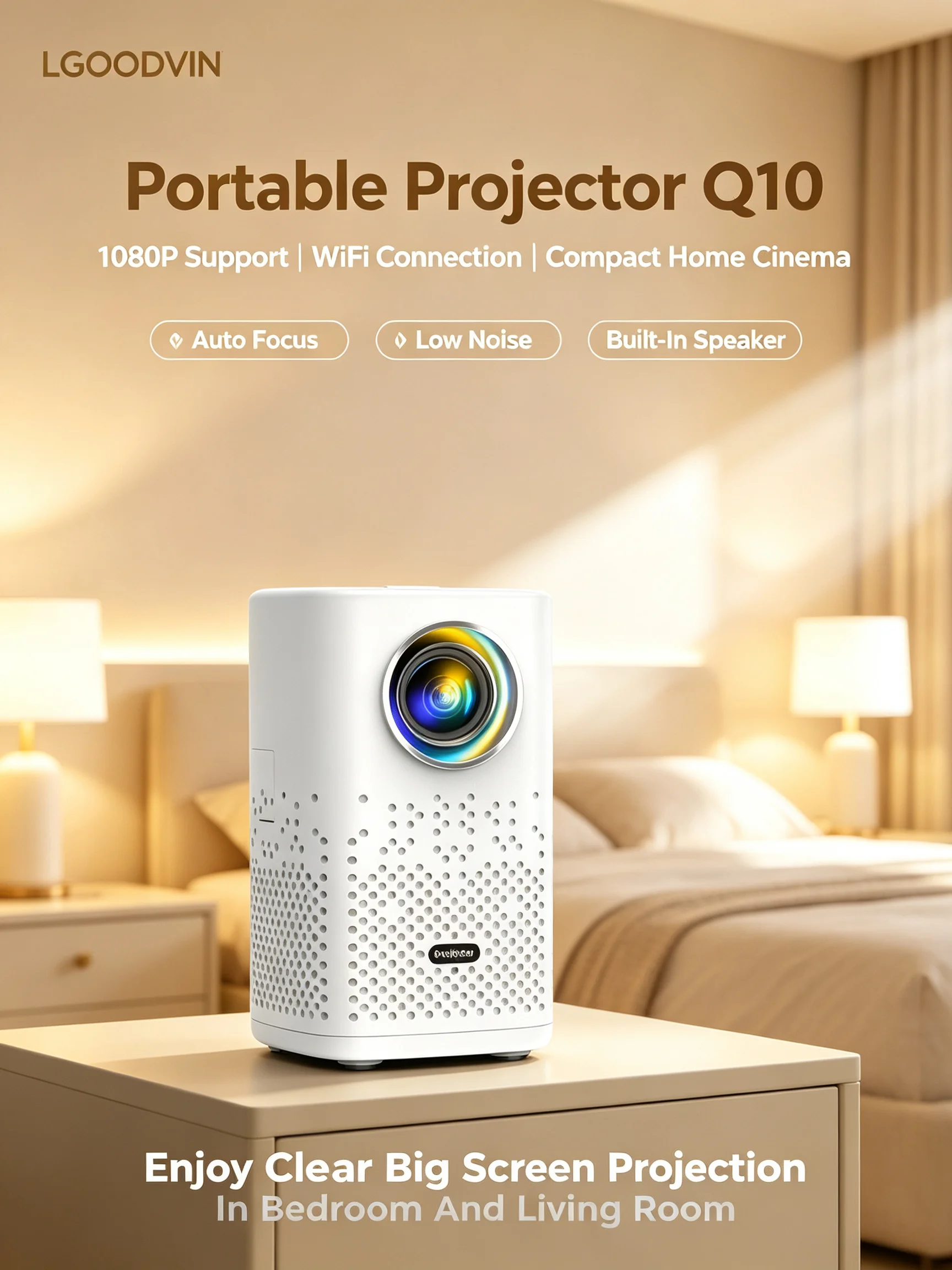 LGOODVIN New H1P Electric Focus Mini Projector, Ultra HD Smart WiFi Projector, Portable for Home & Phone Screen Casting