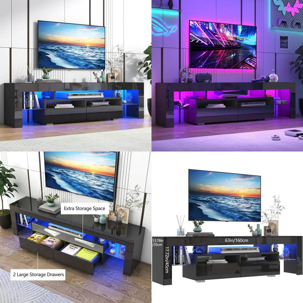 Modern Entertainment Center for 55-65 Inch TVs with LED Lights, 2 Storage Drawers, High Gloss Finish, Space-Saving Design