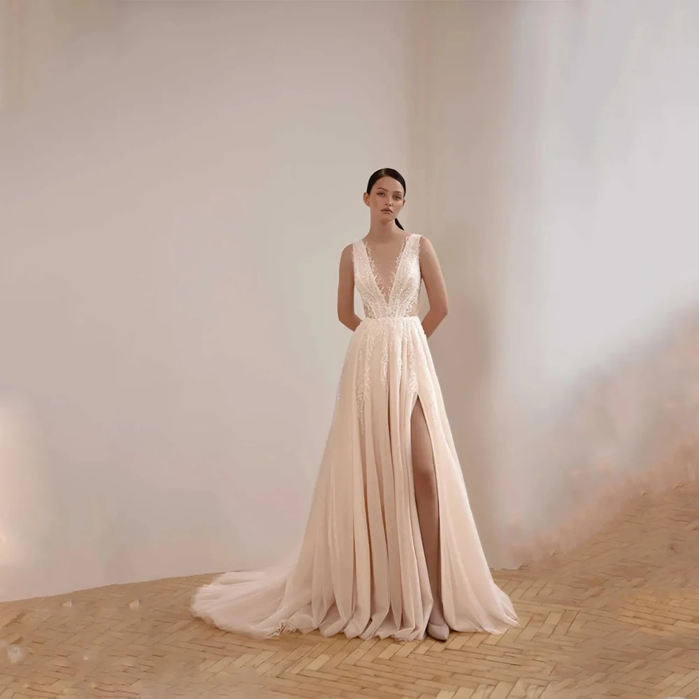 

DRESS FORU Elegant Sexy Wedding Dress Tulle for Floor-Length V-Neck Sleeveless Prom Dress Embroidery Robes De Soirée Customized