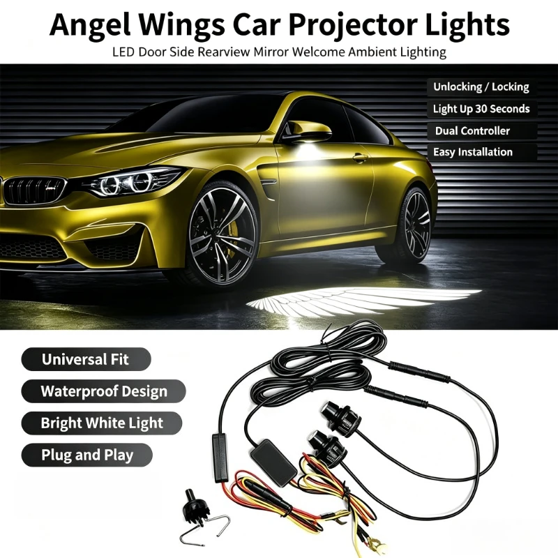 Car Angel Wings Projector Welcome Lights LED Rearview Mirror Side Ambient Lamp Auto Unlock Lock Indicator Lighting Stay On 30 Seconds