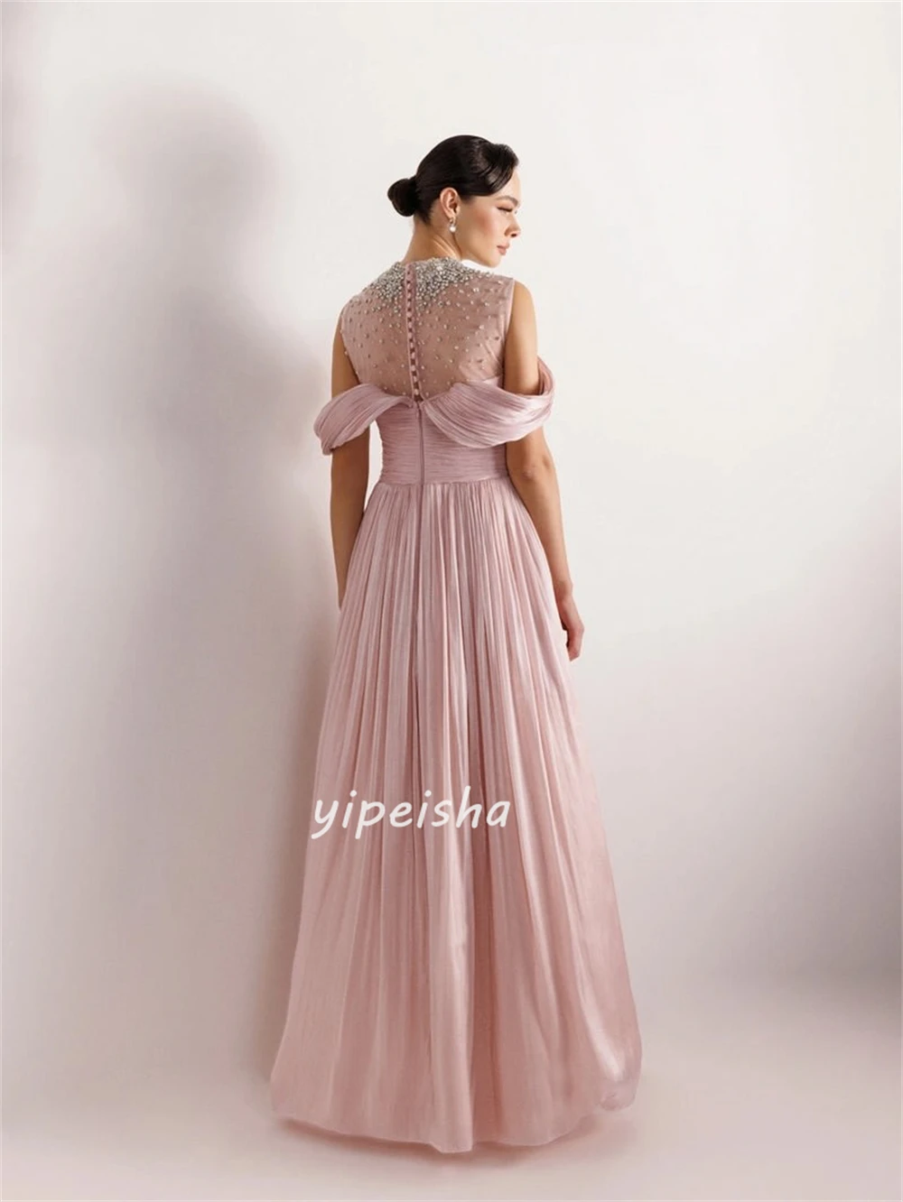 تخصيص مطابقة الأزياء الشيفون حجر الراين فساتين طويلة زر مستقيم الياقة العالية فساتين السهرة الطويلة معقدة