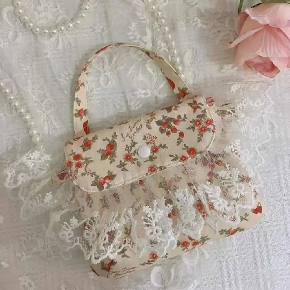 

Women's Sweet Japanese Style Floral Mobile Bag 2025 New Lace Lace Commuter Handbag Pearl Chain Crossbody Female Bags