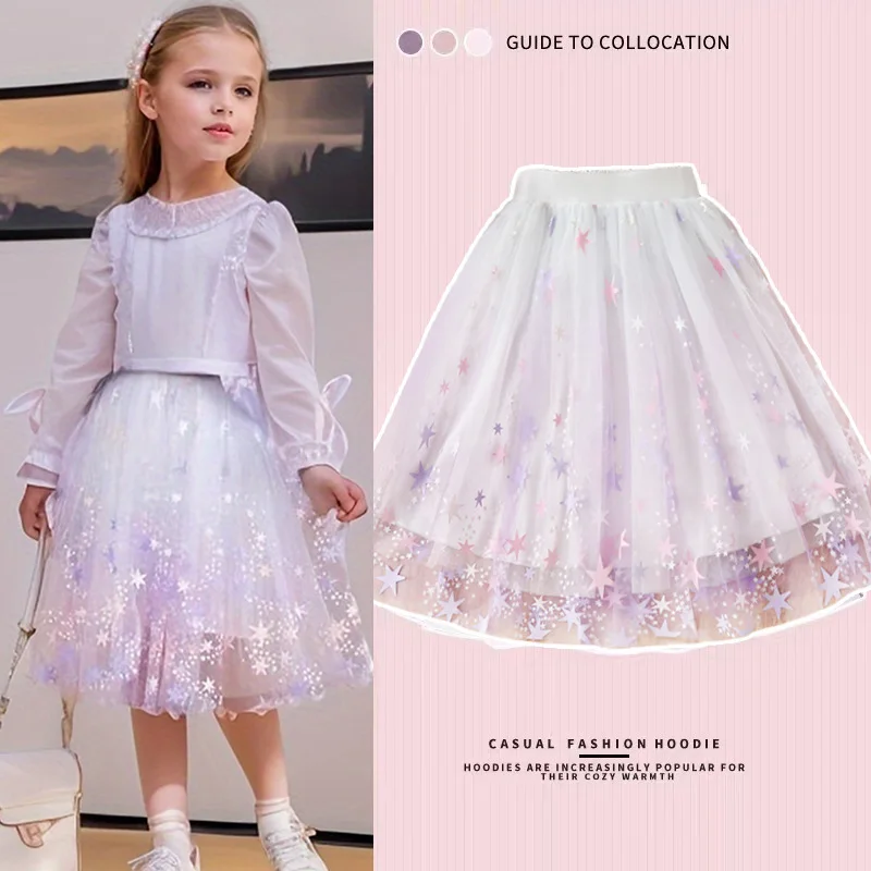 Girls Dream Purple Star Gradient Skirt 2024 Summer Elegant Long Skirt Teen Girls Children Fluffy Princess Skirt