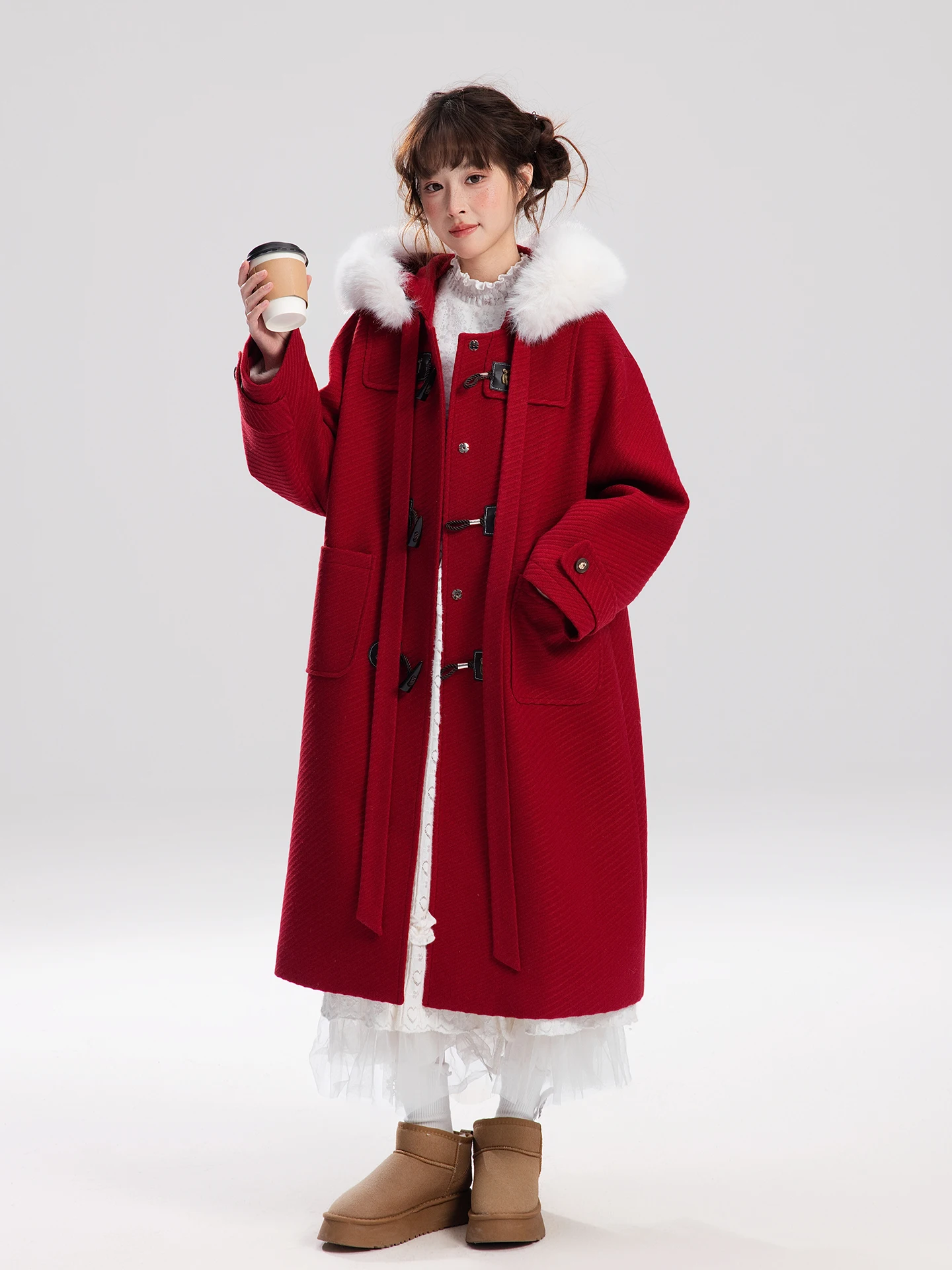 

Thiened Woolen Coat Sweet Fi L Salt Red Tea Milk Top New Year's Clothing Women's Winter Coat Long Sve Hooded Coat