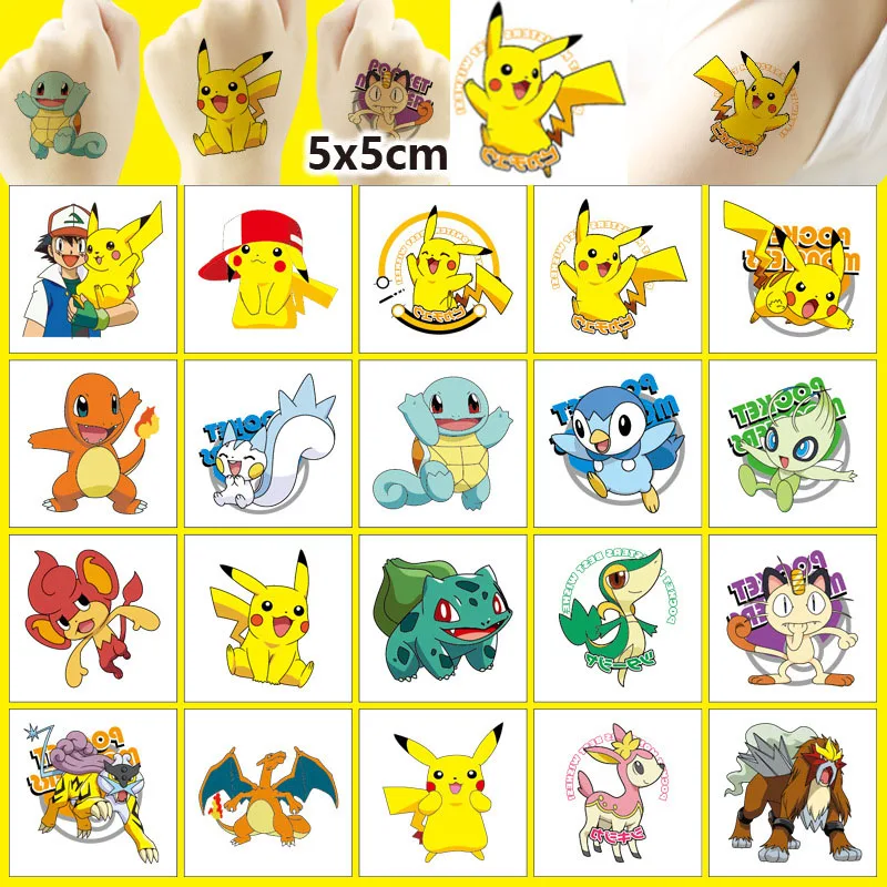 20 piezas pegatinas de tatuaje de Pokémon, pegatina de Pikachu bonita impermeable, dibujos animados divertidos para niños y niñas, regalo de