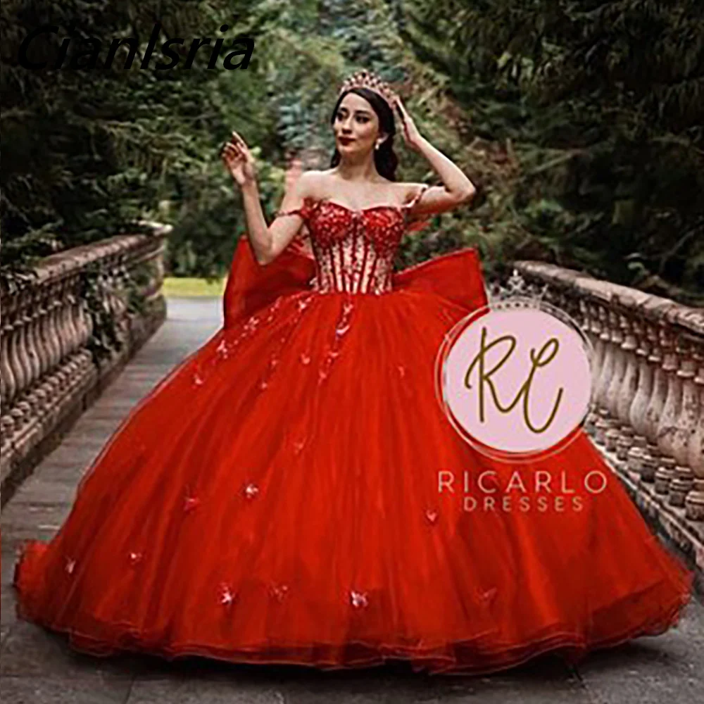 Vestido De fiesta rojo con hombros descubiertos para quinceañera, vestido De mariposa 3D, ilusión De cristal con cuentas y lazo, corsé, 15 Años